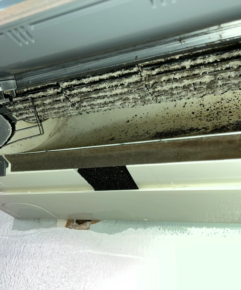 Dirty ductless AC blower wheel before professional cleaning